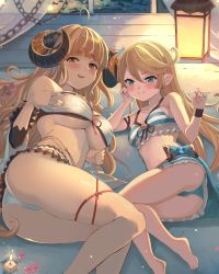 Rule 34 | 2girls, ahoge, anila (granblue fantasy), anila (summer) (granblue fantasy), ass, bare shoulders, bikini, blonde hair, blue eyes, blush, breasts, charlotta (granblue fantasy), draph, granblue fantasy, harvin, highres, horns, large breasts, legs, long hair, looking at viewer, multiple girls, nuko (mikupantu), open mouth, pointy ears, sheep horns, short eyebrows, small breasts, smile, swimsuit, thick eyebrows, thighs, very long hair, yellow eyes