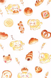 Rule 34 | !, absurdres, bagel, blush, blush stickers, bread, bread slice, brioche, bun (food), character food, chocolate cornet, closed eyes, colored pencil (medium), commentary request, creatures (company), croissant, egg (food), fidough, food, food on head, food request, fried egg, fried egg on toast, game freak, gen 1 pokemon, heart, highres, looking at viewer, melon bread, nintendo, no humans, notice lines, object on head, painting (medium), pikachu, pokemon, pokemon (creature), pretzel, simple background, sleeping, solid oval eyes, tail, tail wagging, toast, traditional media, u u, watercolor (medium), wheat, white background, yukichi 0611, zzz