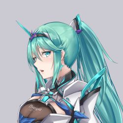 Rule 34 | 1girl, breasts, chest jewel, earrings, green eyes, green hair, grey background, highres, jewelry, large breasts, long hair, pneuma (xenoblade), ponytail, sarasadou dan, simple background, solo, spoilers, swept bangs, tiara, upper body, xenoblade chronicles (series), xenoblade chronicles 2