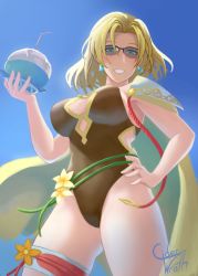 Rule 34 | 1girl, artist name, blonde hair, blue eyes, breasts, cape, ciderwrath, cup, drinking straw, earrings, female focus, fire emblem, fire emblem: the sacred stones, fire emblem heroes, flower, hand on own hip, highres, holding, holding cup, jewelry, medium breasts, medium hair, nintendo, official alternate costume, one-piece swimsuit, parted bangs, selena (fire emblem: the sacred stones), selena (summer) (fire emblem: the sacred stones), smile, solo, sunglasses, swimsuit, thigh strap