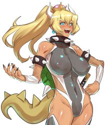 Rule 34 | 1girl, alternate costume, aqua eyes, bare shoulders, black nails, blonde hair, blush, borrowed character, bowsette, bracelet, collar, commentary request, cosplay, covered erect nipples, covered navel, cowboy shot, dark-skinned female, dark skin, earrings, eyebrows, female focus, fingernails, fishnets, hair between eyes, hand on own hip, hip focus, horns, impossible clothes, impossible leotard, ippo, jewelry, leotard, long hair, mario (series), nail polish, navel, new super mario bros. u deluxe, nintendo, nose blush, open mouth, outline, ponytail, puffy nipples, sharp fingernails, sharp teeth, sheath, sheathed, shiny clothes, shiny skin, short hair, sidelocks, simple background, sketch, slit pupils, smile, solo, spiked bracelet, spiked collar, spiked shell, spiked tail, spikes, super crown, sword, tail, taimanin (series), taimanin asagi, taimanin suit, teeth, thighs, weapon, white background