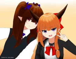 Rule 34 | 2girls, :d, alternate costume, artist name, bad id, bad pixiv id, black jacket, black sweater, blue bow, blunt bangs, blush, bow, bowtie, brown hair, buttons, closed mouth, collared shirt, dress shirt, fang, fingernails, gradient background, hair bow, hand up, hat, highres, himekaidou hatate, horns, ibuki suika, jacket, long fingernails, long hair, long sleeves, looking at viewer, masakaze boringod, multiple girls, necktie, open clothes, open jacket, open mouth, orange hair, pointy ears, purple eyes, purple necktie, red bow, red bowtie, school uniform, selfie, shirt, sidelocks, smile, sweater, sweater vest, tokin hat, touhou, twintails, upper body, v, white shirt