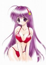 Rule 34 | 1girl, asamiya athena, bikini, breasts squeezed together, breasts, hair ornament, hairband, jpeg artifacts, large breasts, long hair, purple hair, red bikini, red hairband, snk, solo, star (symbol), star hair ornament, swimsuit, the king of fighters
