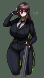 Rule 34 | 1girl, :/, alternate costume, arm up, black gloves, black jacket, black necktie, black pants, breasts, brown hair, character name, choker, collared shirt, colored inner hair, cropped legs, dml, fingerless gloves, formal, gloves, goddess of victory: nikke, green background, green hair, guilty (nikke), gun, hair between eyes, highres, holding, holding hair, holding weapon, huge breasts, jacket, lips, long hair, multicolored hair, necktie, pants, pink eyes, shirt, shotgun, sidelocks, solo, suit, two-tone hair, very long hair, weapon, white shirt, wide hips