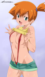 Rule 34 | 1girl, areola slip, breasts, breasts out, chicago-x, creatures (company), game freak, gradient background, green eyes, highres, looking at viewer, medium breasts, misty (pokemon), navel, nintendo, orange hair, pokemon, pokemon (anime), pokemon (classic anime), pussy juice, shirt, shorts, side ponytail, slingshot swimsuit, smile, solo, standing, swimsuit