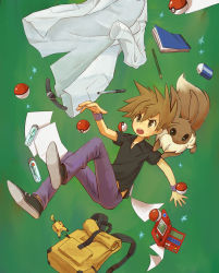 Rule 34 | 1boy, black shirt, blue oak, bo9 (bo9 nc), brown hair, commentary request, creatures (company), eevee, falling, game freak, gen 1 pokemon, hair between eyes, highres, jewelry, lab coat, male focus, necklace, nintendo, open mouth, pants, poke ball, poke ball (basic), pokedex, pokemon, pokemon (creature), pokemon frlg, purple pants, purple wristband, shirt, shoes, short sleeves, spiked hair, teeth, yellow bag