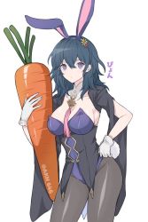 Rule 34 | 1girl, animal ears, between breasts, black pantyhose, blue eyes, blue hair, blue leotard, blush, breasts, byleth (female) (fire emblem), byleth (fire emblem), carrot, cleavage, closed mouth, commentary request, fake animal ears, fake tail, fire emblem, fire emblem: three houses, gloves, holding, large breasts, leotard, looking at viewer, nintendo, pantyhose, playboy bunny, rabbit ears, rabbit tail, shimizu akina, simple background, solo, strapless, strapless leotard, tail, tassel, translation request, twitter username, white background, white gloves