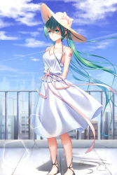 Rule 34 | 1girl, arms behind back, blue sky, bow, breasts, cleavage, cloud, collarbone, day, dress, floating hair, geduan, green eyes, green hair, hair between eyes, hat, hat bow, hatsune miku, highres, jewelry, long hair, medium breasts, necklace, outdoors, pink bow, pink ribbon, ribbon, sky, sleeveless, sleeveless dress, smile, solo, standing, sun hat, sundress, tattoo, twintails, very long hair, vocaloid, white dress, white hat