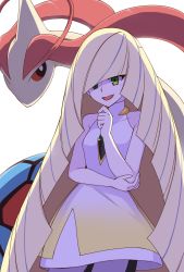 Rule 34 | 1girl, :d, bare arms, bare shoulders, blonde hair, blush, commentary request, cowboy shot, creatures (company), dress, game freak, gen 3 pokemon, gradient clothes, gradient dress, green eyes, hair over one eye, hand on own arm, hand up, highres, long hair, looking at viewer, lusamine (pokemon), milotic, nintendo, open mouth, pokemon, pokemon (creature), pokemon sm, red eyes, simple background, sleeveless, sleeveless dress, smile, standing, tsunaso (lack of sunlight), very long hair, white background, white dress
