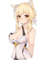 Rule 34 | 1girl, animal ear fluff, animal ears, arms behind back, bare shoulders, blonde hair, breasts, cat ears, cleavage, closed mouth, collarbone, cropped torso, dress, genshin impact, highres, inniyik, kemonomimi mode, looking at viewer, lumine (genshin impact), medium breasts, short hair with long locks, sidelocks, simple background, sleeveless, sleeveless dress, solo, strap slip, upper body, white background, white dress, yellow eyes