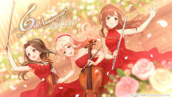 Rule 34 | 3girls, anniversary, bare shoulders, black hair, blush, bow (music), brown eyes, brown hair, cello, collarbone, commentary request, countdown, dress, flower, flute, hair flower, hair ornament, highres, holding, holding instrument, holding violin, idolmaster, idolmaster cinderella girls, idolmaster cinderella girls starlight stage, instrument, jewelry, long hair, looking at viewer, mizumoto yukari, multiple girls, necklace, official art, open mouth, petals, pink hair, ponytail, red dress, saionji kotoka, skirt hold, sleeveless, sleeveless dress, smile, strapless, strapless dress, suzumiya seika, violin, waving