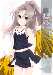 Rule 34 | 1girl, alternate costume, artist name, brown eyes, character name, cheerleader, cowboy shot, crop top, crop top overhang, grey hair, hachimaki, headband, highres, holding, holding pom poms, inaba shiki, kantai collection, long hair, looking at viewer, midriff, miniskirt, pleated skirt, pom pom (cheerleading), pom poms, shirt, skirt, sleeveless, sleeveless shirt, solo, zuihou (kancolle)