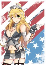 Rule 34 | ahoge, american flag, asymmetrical legwear, bad id, bad pixiv id, blonde hair, breasts, character name, cleavage, copyright name, cosplay, elbow gloves, fingerless gloves, front-tie top, garter straps, gloves, gluteal fold, green eyes, hand on own hip, headgear, highres, hoshii miki, idolmaster, idolmaster (classic), iowa (kancolle), iowa (kancolle) (cosplay), kantai collection, kowaremashita, large breasts, look-alike, microskirt, mismatched legwear, one eye closed, skirt, solo, striped clothes, striped thighhighs, thighhighs, tongue, tongue out, vertical-striped clothes, vertical-striped thighhighs