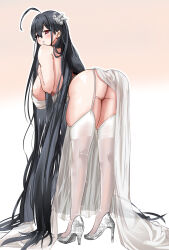 Rule 34 | 1girl, absurdly long hair, ahoge, alternate breast size, alternate costume, ass, azur lane, backboob, black hair, blush, breasts, cocktail dress, dress, evening gown, flower, from behind, from below, full body, gradient background, hair flower, hair ornament, hanging breasts, heels, highres, huge ass, huge breasts, leaning forward, long hair, looking at viewer, looking back, red eyes, shiny clothes, shiny skin, solo, taihou (azur lane), taihou (temptation on the sea breeze) (azur lane), thick thighs, thighs, thiosuke, underboob, very long hair, white dress, wide hips