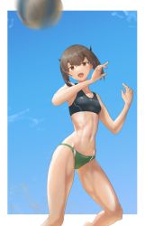Rule 34 | 1girl, abs, alternate costume, beach volleyball, blue sky, breasts, brown eyes, brown hair, buruma, green buruma, hands up, highres, kantai collection, looking away, muscular, muscular female, navel, open mouth, playing sports, short hair, sky, small breasts, solo, sports bikini, sportswear, sweat, sweatdrop, swimsuit, taihou (kancolle), thick thighs, thighs, tsukira (amayadori)
