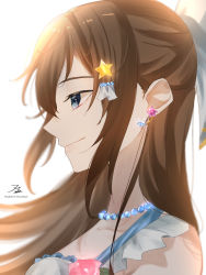 Rule 34 | 1girl, anata no risou no heroine, aqua bow, aqua eyes, arm garter, arm ribbon, artist name, artist request, bare shoulders, blue bow, blue eyes, blush, bow, bracelet, breasts, brown hair, close-up, collarbone, cross-laced clothes, cross-laced dress, dress, dress bow, drop earrings, earrings, female focus, flower, flower bracelet, frilled dress, frills, hair between eyes, hair bow, hair ornament, hairclip, half updo, halter dress, halterneck, highres, jewelry, long hair, looking at viewer, looking down, love live!, love live! nijigasaki high school idol club, love live! school idol festival, necklace, osaka shizuku, parted lips, pearl bracelet, pearl hair ornament, pearl necklace, pink flower, pink rose, plaid, plaid dress, pleated, pleated dress, ponytail, purple flower, purple rose, ribbon, rose, short sleeves, sideboob, skirt, small breasts, smile, solo, star (symbol), star hair ornament, striped, upper body, white background, white bow, white dress, white ribbon, wrist ribbon