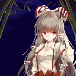 Rule 34 | 1girl, bad id, bad pixiv id, bamboo, bamboo forest, bow, cloud, forest, fujiwara no mokou, hair bow, hair ribbon, hand in own hair, juliet sleeves, long hair, long sleeves, looking at viewer, nature, night, open fly, pants, puffy sleeves, red eyes, ribbon, shirt, silver hair, sky, solo, suspenders, takehana note, touhou, tress ribbon, unzipped, very long hair