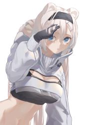 Rule 34 | 1girl, absurdres, animal ears, arknights, aurora (arknights), bear ears, black gloves, black hairband, black shirt, blue eyes, breasts, cleavage cutout, clothing cutout, commentary, crop top, gloves, hair between eyes, hairband, hand up, highres, jacket, large breasts, long hair, long sleeves, looking at viewer, midriff, navel, parted lips, shirt, simple background, solo, stomach, upper body, very long hair, white background, white hair, white jacket, yueyue no hand