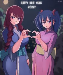 Rule 34 | 2022, 2girls, absurdres, braid, breasts, fairy tail, happy new year, highres, irene belserion, large breasts, long hair, mature female, multiple girls, new year, red eyes, red hair, twin braids, twintails, wendy marvell
