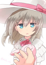 Rule 34 | 10s, 1girl, absurdres, aged down, blue eyes, blurry, bow, depth of field, dress, girls und panzer, hat, hat bow, highres, holding, holding stuffed toy, itsumi erika, layered dress, long hair, looking at viewer, miluke, parted lips, pink bow, pov, silver hair, standing, stuffed animal, stuffed rabbit, stuffed toy, sun hat, sweatdrop, upper body, white dress, white hat, wind