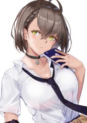 Rule 34 | 1girl, absurdres, ahoge, azur lane, baltimore (after-school ace) (azur lane), baltimore (azur lane), black choker, black necktie, blush, braid, breasts, cellphone, choker, cleavage, closed mouth, collarbone, collared shirt, commentary request, green eyes, hair between eyes, highres, holding, holding phone, looking at viewer, medium breasts, necktie, official alternate costume, phone, sankyo (821-scoville), shirt, simple background, smartphone, solo, upper body, white background, white shirt