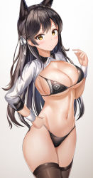Rule 34 | 1girl, absurdres, animal ears, atago (azur lane), atago (stunning speedster) (azur lane), azur lane, bikini, black bikini, black hair, breasts, brown thighhighs, cleavage, cowboy shot, extra ears, groin, hair ribbon, hand on own hip, hand up, highres, kitin, large breasts, long hair, long sleeves, looking at viewer, navel, race queen, ribbon, shrug (clothing), simple background, solo, standing, stomach, string bikini, swimsuit, thighhighs, thighs, white background, wing collar, wrist cuffs, yellow eyes