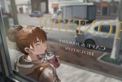 Rule 34 | 1girl, absurdres, backpack, backwards text, bag, blurry, brown eyes, brown hair, burari, cafe, car, city, cup, depth of field, drinking, drinking straw, from behind, glass, hair bun, highres, holding, hood, hoodie, looking at viewer, looking back, mirrored text, motor vehicle, mouth hold, original, road, semi truck, single hair bun, solo, street, truck, window