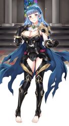 Rule 34 | 1girl, alternate costume, armor, armored leotard, ascot, black armor, black gloves, blue cape, blue hair, blue hairband, blunt bangs, breasts, brown eyes, cape, cleavage, closed mouth, commentary, commission, corrin (female) (fire emblem), corrin (female) (fire emblem) (cosplay), corrin (female) (nohr noble) (fire emblem), corrin (fire emblem), cosplay, english commentary, feet, fire emblem, fire emblem: three houses, fire emblem fates, fire emblem heroes, fire emblem warriors: three hopes, gauntlets, gloves, hairband, highres, igni tion, indoors, lace-trimmed hairband, lace trim, large breasts, long hair, looking at viewer, marianne von edmund, nintendo, no shoes, official alternate hairstyle, plackart, shoulder armor, smile, solo, stirrup legwear, toeless legwear, toenails, toes, torn cape, torn clothes, white ascot