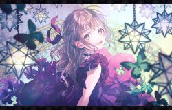 Rule 34 | 1girl, blush, braid, brown eyes, brown hair, bug, butterfly, choker, commentary request, curly hair, dated, dress, flower, frilled choker, frilled dress, frills, green butterfly, haduki tohru, hair ribbon, half updo, highres, insect, light, light particles, long hair, looking at viewer, messy hair, open mouth, original, red dress, ribbon, signature, sleeveless, sleeveless dress, smile, solo, upper body