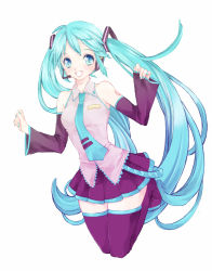 Rule 34 | 1girl, aqua eyes, aqua hair, bad id, bad pixiv id, bare shoulders, detached sleeves, hatsune miku, headset, jumping, long hair, necktie, sami (3a3i3a3i), simple background, skirt, smile, solo, thighhighs, twintails, very long hair, vocaloid, white background