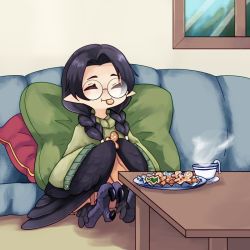 Rule 34 | bird legs, black feathers, black hair, black wings, braid, closed eyes, commentary request, commission, cookie, couch, cup, eating, feathers, food, gingerbread man, glasses, green sweater, happy, harpy, holding, holding food, indoors, karasu tengu (monster girl encyclopedia), long hair, monster girl, monster girl encyclopedia, orange skirt, pillow, round eyewear, sitting, skeb commission, skirt, sweater, table, talons, teacup, twin braids, urotori, window, winged arms, wings