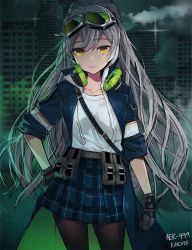 Rule 34 | aek-999 (girls&#039; frontline), arm at side, artist name, belt, black gloves, blue coat, breasts, building, character name, coat, collarbone, gingham skirt, girls&#039; frontline, gloves, goggles, goggles on head, green-tinted eyewear, green theme, grey-framed eyewear, grey belt, grey hair, hair between eyes, hand on own hip, headphones, headphones around neck, high ponytail, highres, kinchee, layered clothes, leather, leather gloves, long hair, looking at viewer, open clothes, open coat, outdoors, pantyhose, parted lips, pleated skirt, pocket, popped collar, print skirt, raised eyebrows, sam browne belt, shirt, sidelocks, signature, skirt, skyscraper, sleeve cuffs, sleeves rolled up, smile, solo, source request, sparkle, tinted eyewear, utility belt, very long hair, wavy hair, white shirt, yellow eyes