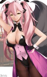 Rule 34 | 1girl, absurdres, animal ears, arm behind head, arm up, black gloves, black leotard, black pantyhose, black ribbon, breasts, cleavage, collarbone, detached collar, fake animal ears, fang, fate/grand order, fate (series), fox tail, glasses, gloves, hair ribbon, hand on own hip, highleg, highleg leotard, highres, koyanskaya (assassin) (second ascension) (fate), koyanskaya (fate), large breasts, leotard, long hair, looking at viewer, pantyhose, pink hair, playboy bunny, rabbit ears, ribbon, scrapy, skin fang, smile, solo, tail, tamamo (fate), tongue, tongue out, twintails, wrist cuffs, yellow eyes