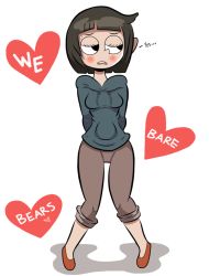 Rule 34 | 1girl, black eyes, blush, breasts, brown hair, cartoon network, chloe park, english text, heart, knees together feet apart, medium breasts, aged up, short hair, simple background, sweatdrop, takeo satoshi, we bare bears, white background