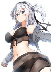 Rule 34 | 1girl, bikini, blue eyes, breasts, commentary request, hair ornament, halkawa501, headband, highres, jacket, kantai collection, large breasts, long hair, navel, silver hair, simple background, solo, suzutsuki (kancolle), swimsuit, white background