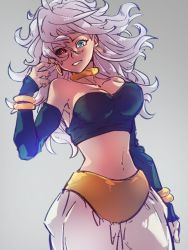 Rule 34 | 1girl, android 21, black sclera, black tube top, blue eyes, breasts, choker, cleavage, collarbone, colored sclera, detached sleeves, dragon ball, dragon ball fighterz, earrings, grey background, hand up, heterochromia, hoop earrings, jewelry, kemachiku, large breasts, light persona, long hair, looking at viewer, looking to the side, majin android 21, midriff, navel, red eyes, simple background, smile, solo, strapless, tube top, tube top, white hair, yellow choker