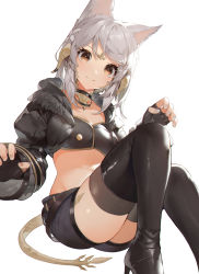 Rule 34 | 1girl, akizone, animal ears, au ra, warrior of light (ff14), black footwear, black gloves, black jacket, black shorts, black thighhighs, boots, breasts, brown eyes, cheeze (akizone), cleavage, closed mouth, final fantasy, final fantasy xiv, fingerless gloves, gloves, highres, jacket, long sleeves, looking at viewer, medium breasts, midriff, short hair, shorts, silver hair, simple background, smile, solo, tail, thigh boots, thighhighs, white background