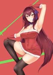 Rule 34 | 1girl, alternate costume, bad id, bad twitter id, blush, breasts, crimecrime, dress, fate/grand order, fate (series), fur-trimmed dress, fur-trimmed gloves, fur trim, gloves, hair intakes, hair ribbon, highres, large breasts, long hair, neck ribbon, purple hair, red background, red eyes, red gloves, ribbon, santa costume, santa dress, scathach (fate), scathach (fate), smile, solo, thighhighs