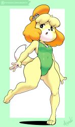 Rule 34 | 1girl, absurdres, animal crossing, animal ears, argento, artist name, bare shoulders, bell, black eyes, blonde hair, blush, blush stickers, border, breasts, cameltoe, cleavage, covered navel, dog ears, dog tail, feet, full body, furry, furry female, green border, green one-piece swimsuit, hair bell, hair ornament, highres, isabelle (animal crossing), legs apart, logo, looking to the side, navel, nintendo, one-piece swimsuit, open mouth, patreon, short hair, signature, simple background, small breasts, solo, standing, standing on one leg, swimsuit, tail, text focus, watermark, web address, white background