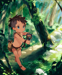 Rule 34 | 1boy, anklet, bag, barefoot, blue eyes, child, dark-skinned male, dark skin, day, forest, grass, highres, holding, holding weapon, jewelry, loincloth, male focus, nature, nemui (nemuriyagi), original, outdoors, plant, shoulder bag, slingshot (weapon), solo, sunlight, topless male, tree, tribal, undercut, vines, weapon