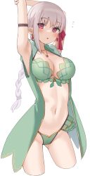 Rule 34 | 1girl, absurdres, armlet, armpits, arms behind head, arms up, bare shoulders, bikini, blush, bracelet, braid, braided ponytail, breasts, cleavage, collarbone, earrings, fate/grand order, fate (series), flower, frills, green bikini, green vest, hair flower, hair ornament, hair ribbon, highres, hood, hooded vest, hoodie, jewelry, kama (fate), kama (swimsuit avenger) (fate), kama (swimsuit avenger) (second ascension) (fate), kopaka (karda nui), large breasts, long hair, looking at viewer, lotus, navel, necklace, open mouth, pendant, red eyes, ribbon, silver hair, solo, swimsuit, thighs, vest
