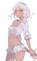 Rule 34 | 1girl, absurdres, altera (fate), arms behind back, arutera, breasts, closed mouth, contrapposto, cowboy shot, dark-skinned female, dark skin, fate/grand order, fate (series), hair over shoulder, hairband, highres, looking at viewer, micro shorts, navel, red eyes, short ponytail, shorts, simple background, small breasts, solo, standing, stomach, underwear, underwear only, white background, white hair