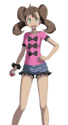 Rule 34 | 1girl, blue shorts, brown hair, commentary request, creatures (company), dark-skinned female, dark skin, game freak, green eyes, hand on own hip, highres, holding, holding poke ball, looking at viewer, nintendo, pink shirt, poke ball, poke ball (basic), pokemon, pokemon xy, shauna (pokemon), shirt, short sleeves, shorts, simple background, solo, standing, tsukishiro saika, twintails, white background