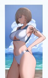 Rule 34 | 1girl, beach, bikini, blue eyes, bob cut, breasts, brown hair, cero (last2stage), clothing cutout, commentary, day, english commentary, from side, highres, large breasts, navel, original, outdoors, parted lips, short hair, shoulder tattoo, solo, stomach, swimsuit, tattoo, thighs, underboob cutout, water, white bikini