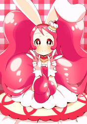 Rule 34 | 10s, 1girl, animal ears, blush, rabbit ears, cake hair ornament, choker, cure whip, double v, earrings, extra ears, food, food-themed hair ornament, fruit, gloves, hair ornament, highres, holding, holding hair, jewelry, kirakira precure a la mode, long hair, looking at viewer, magical girl, meranoreuka (pandapaca), pink choker, pink eyes, pink hair, plaid, plaid background, precure, smile, solo, strawberry, twintails, usami ichika, v, white gloves