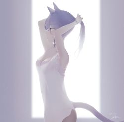 Rule 34 | 1girl, animal ears, backlighting, bra, breasts, cat ears, cat tail, chinese commentary, cleavage, copyright request, cowboy shot, dated, from side, futoshi ame, highres, long hair, medium breasts, panties, purple bra, purple eyes, purple hair, shirt, signature, solo, tail, tank top, tying hair, underwear, white panties, white shirt, white tank top