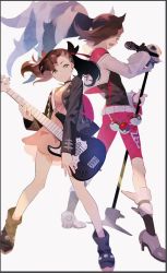 Rule 34 | 1boy, 1girl, backpack, bag, bass guitar, black border, black hair, border, brother and sister, choker, creatures (company), dress, game freak, gomosawa, gym leader, high heels, highres, instrument, marnie (pokemon), microphone, microphone stand, multicolored hair, nintendo, piers (pokemon), poke ball, poke ball (basic), pokemon, pokemon swsh, ponytail, shorts, siblings, twintails, two-tone hair, white hair