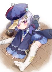 Rule 34 | 1girl, :o, bead necklace, beads, blush, braid, braided ponytail, coconut, dress, drinking straw, feet, full body, genshin impact, hair ornament, highres, j2l, jewelry, jiangshi, legs, long sleeves, looking at viewer, necklace, purple eyes, purple hair, qiqi (genshin impact), solo, stretching, thighhighs, toes, white thighhighs, wide sleeves