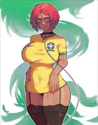 Rule 34 | 1girl, 2022 fifa world cup, absurdres, bdsm, black collar, black panties, black thighhighs, blue eyes, blush, brazil, breasts, chain, chain leash, collar, commentary, country connection, covered navel, curvy, dark-skinned female, dark skin, english commentary, garter straps, giovanna (guilty gear), guilty gear, guilty gear strive, hentaly, highres, large breasts, leash, lingerie, looking at viewer, no pants, panties, pantyshot, red hair, short hair, slave, soccer uniform, solo, sportswear, standing, thick thighs, thighhighs, thighs, underwear, world cup