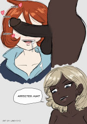 Rule 34 | 1futa, 1girl, after fellatio, arezu (pokemon), blue eyes, brown hair, clothed sex, clothes, creatures (company), cum, cum in mouth, dark-skinned female, dark skin, english text, futa with female, futanari, game freak, grey background, highres, interracial, looking at penis, medium hair, multiple girls, nintendo, open mouth, original, penis, penis on face, penis over eyes, pokemon, pokemon legends: arceus, red hair, simple background, size difference, smile, speech bubble, testicles, umeyiyo, uncensored